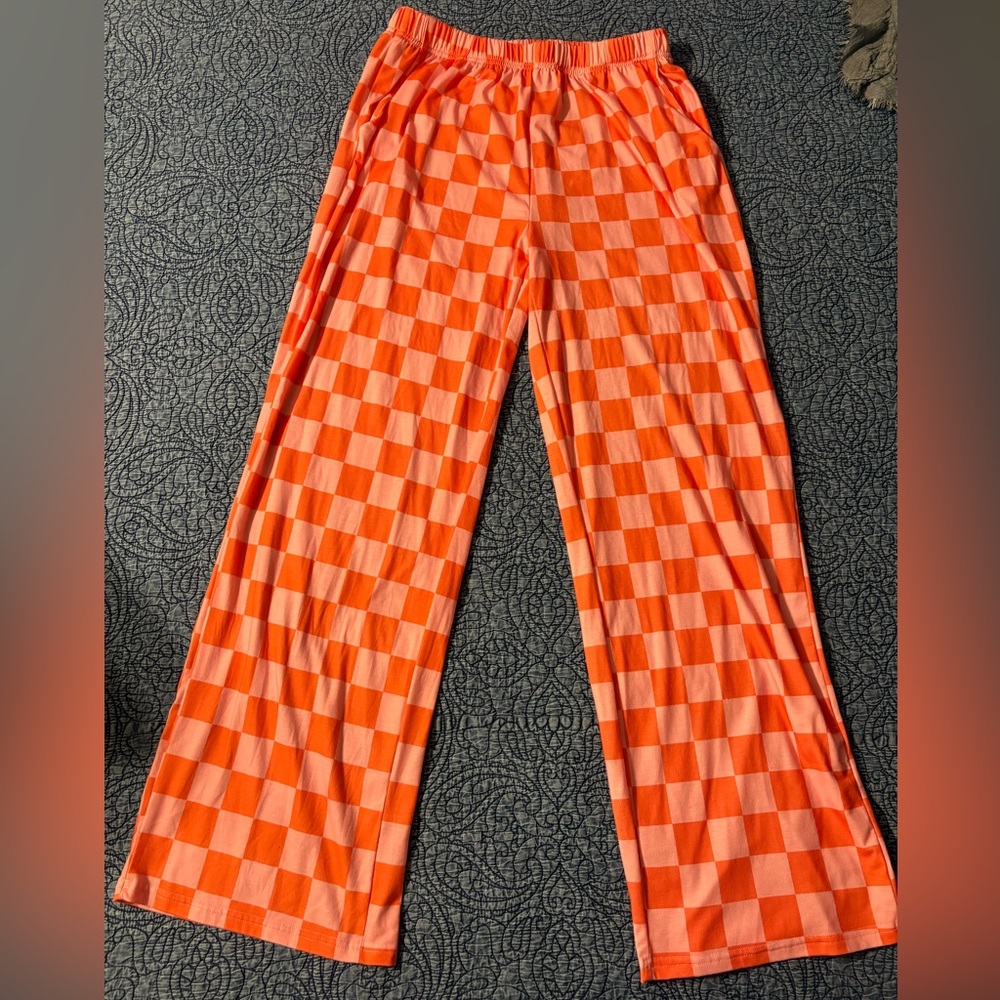 Vibrant Orange Checkered Wide Leg Pants